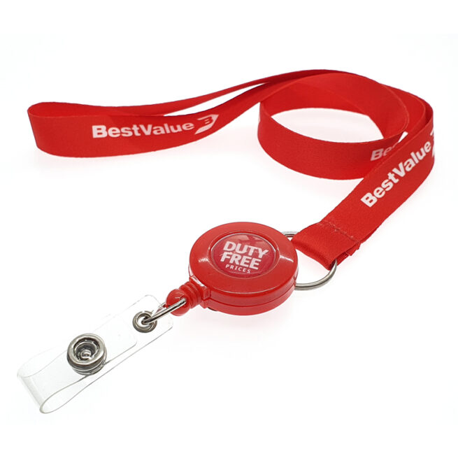 Lanyard pentru ecuson sau cartela, cu sistem retractabil